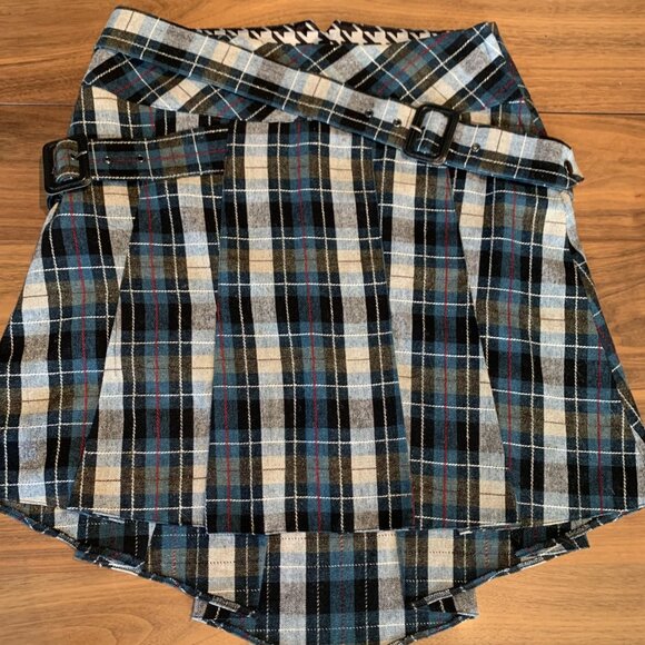 Skirt, plaid, kilt, high low hem, belted, sparkle lurex, EUC, sz Med, - Picture 2 of 16